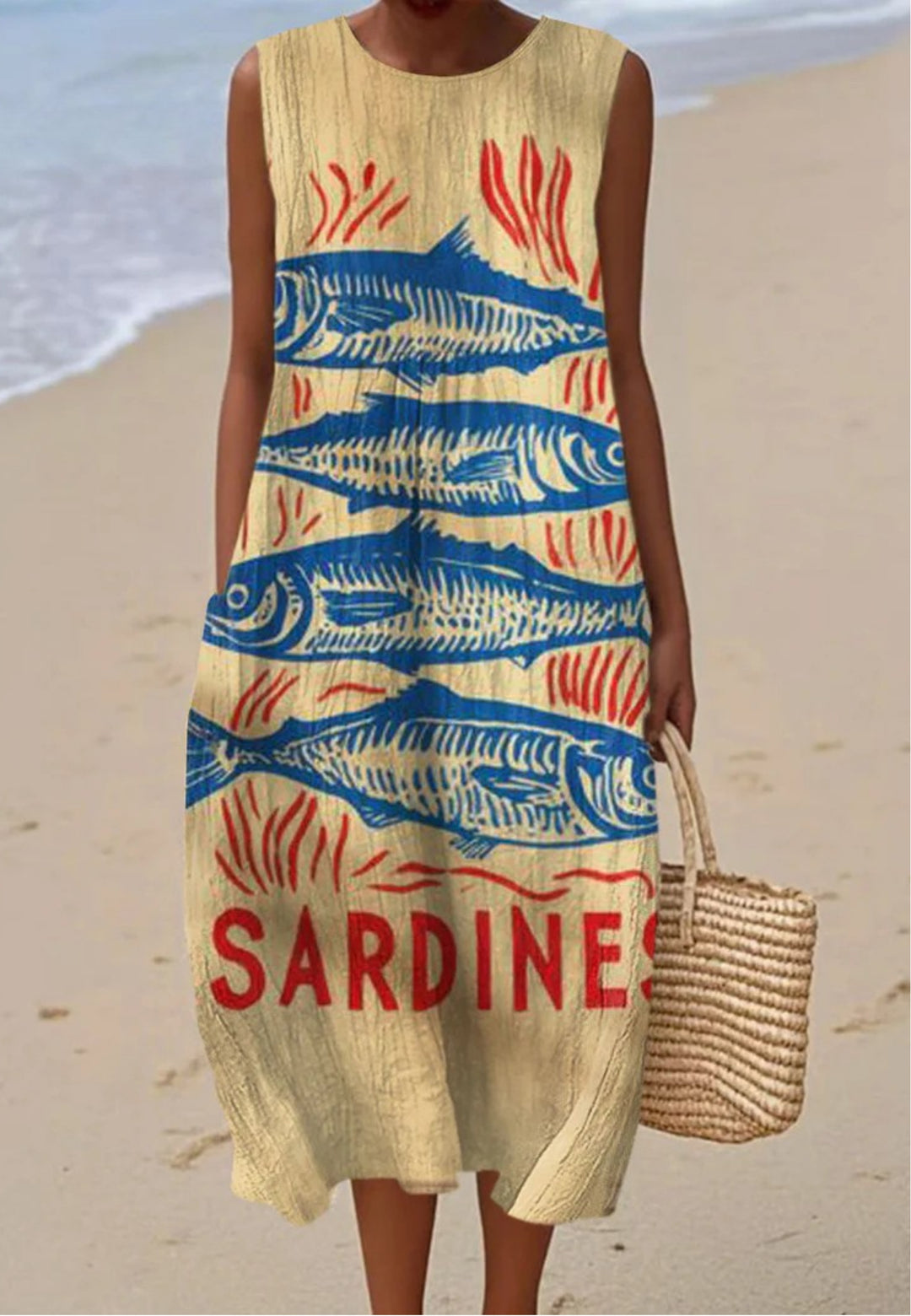 Women's Sleeveless Pocket Wrap Dress with Vintage Fish Art Print