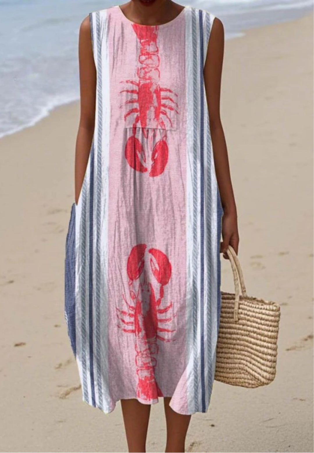 Women's Sleeveless Wrap Dress with Charming Lobster Art Print and Pockets