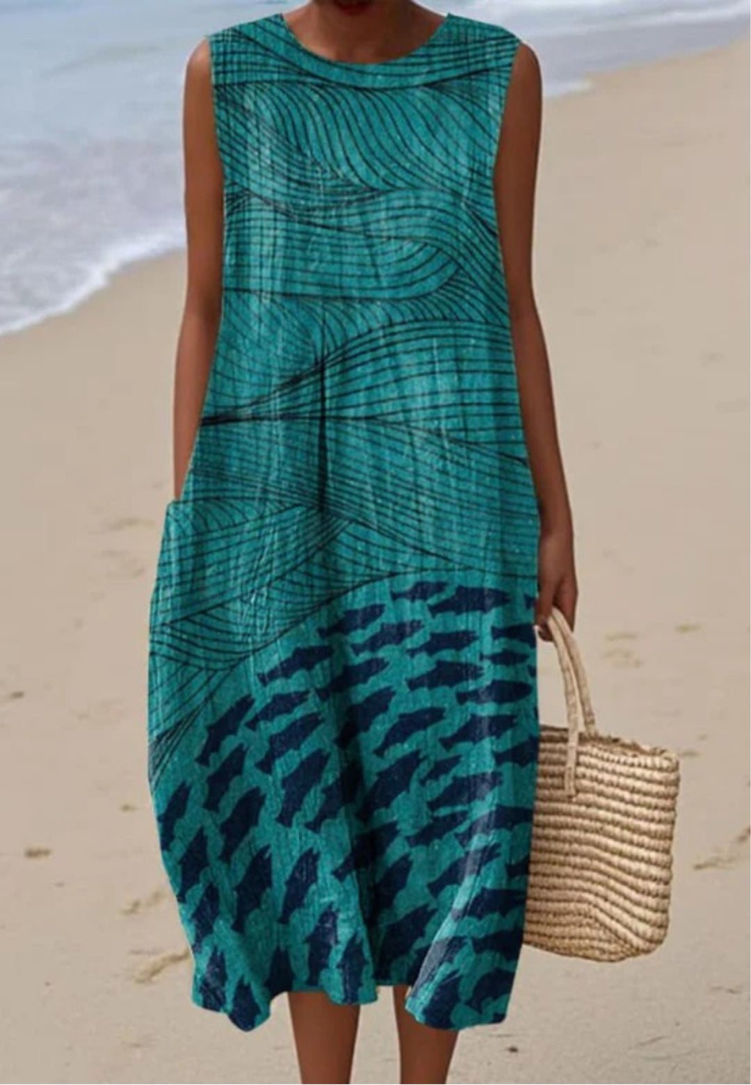 Women's Sleeveless Wrap Dress with Ocean and Fish Art Print and Pockets