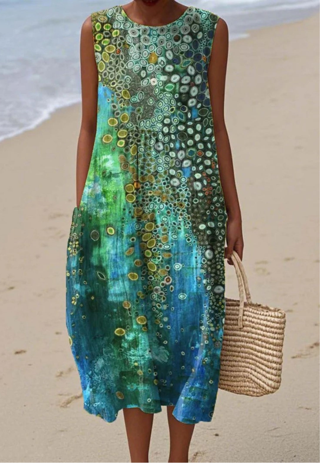 Women's Sleeveless Wrap Dress with Abstract Pattern and Pockets