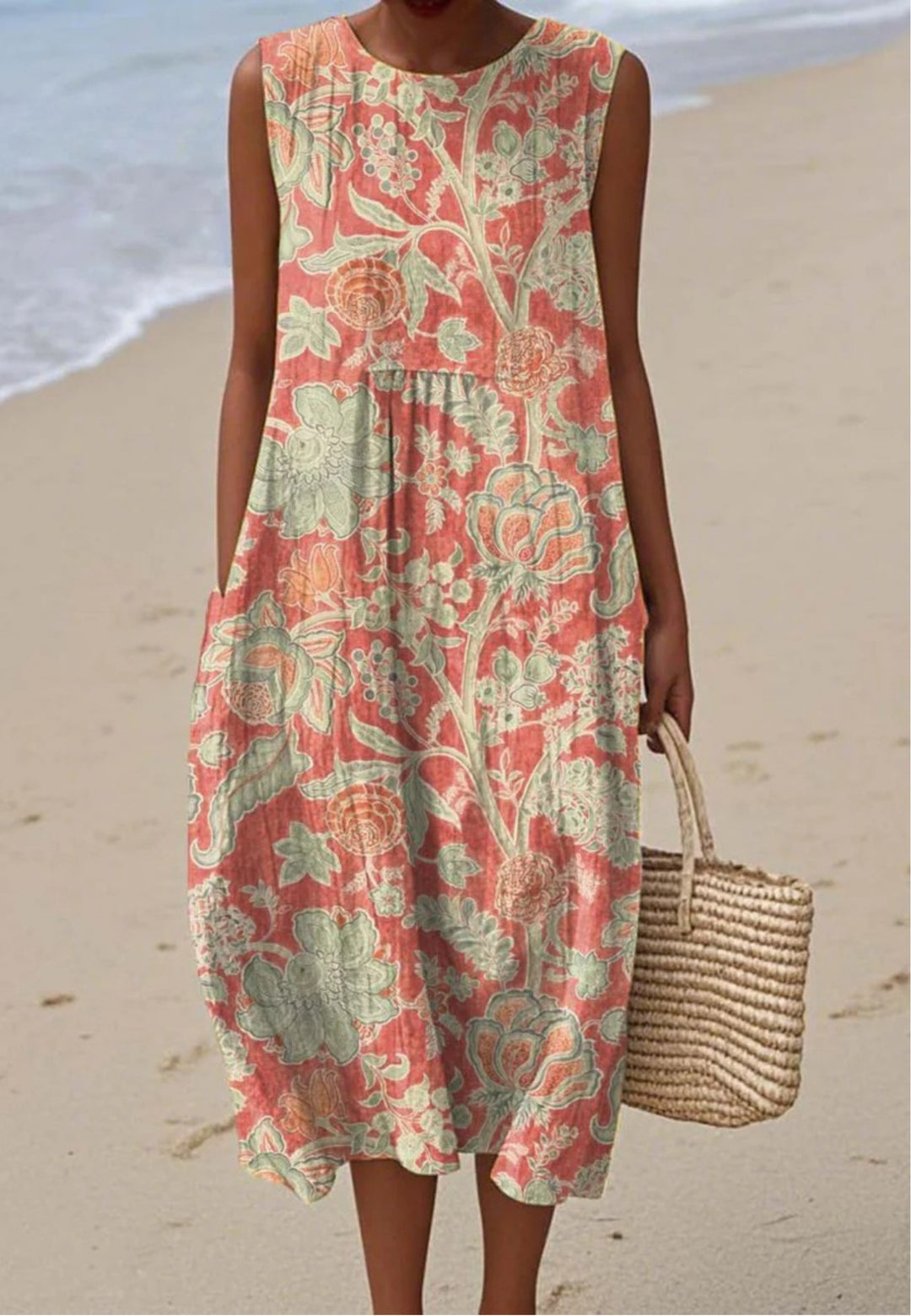 Women's Sleeveless Wrap Dress with Vintage Floral Art Print and Pockets