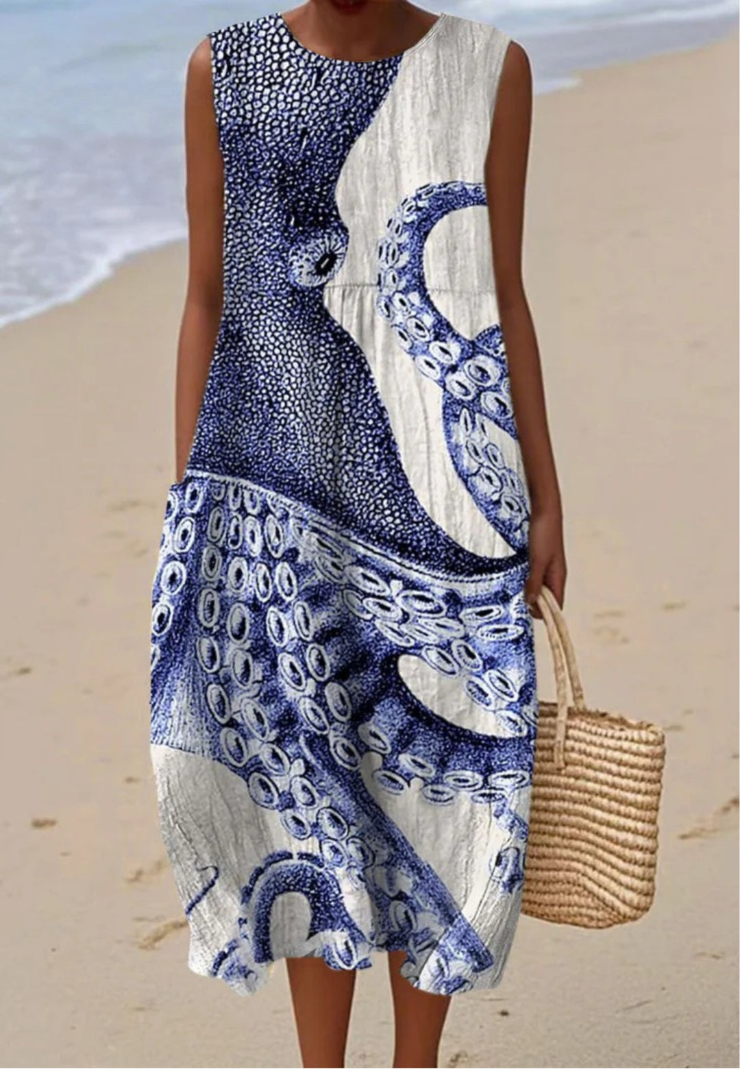 Vintage Octopus Art Print Sleeveless Wrap Dress with Pockets for Women