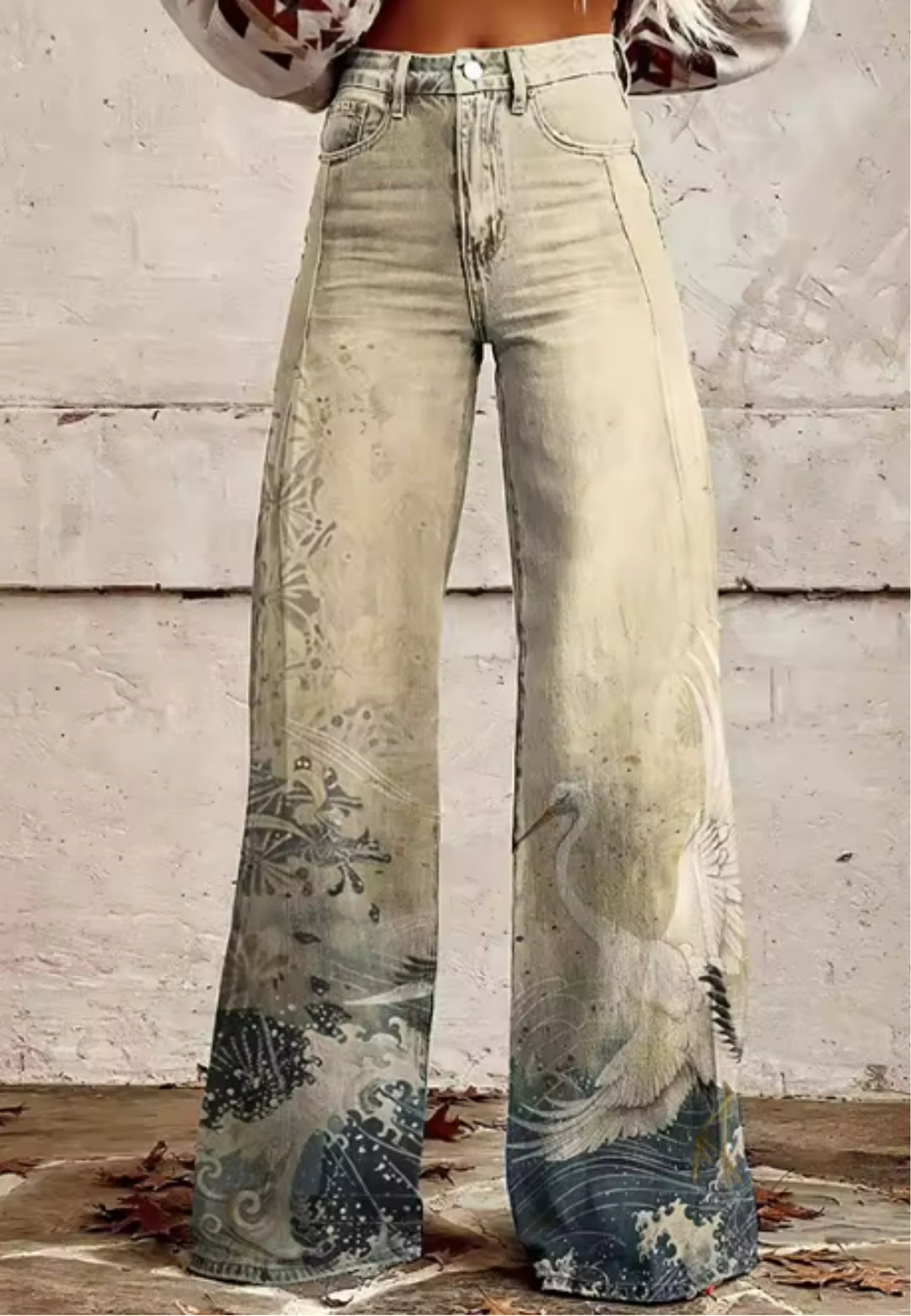 Macy | Artistic Crane-Print Wide-Leg Jeans
