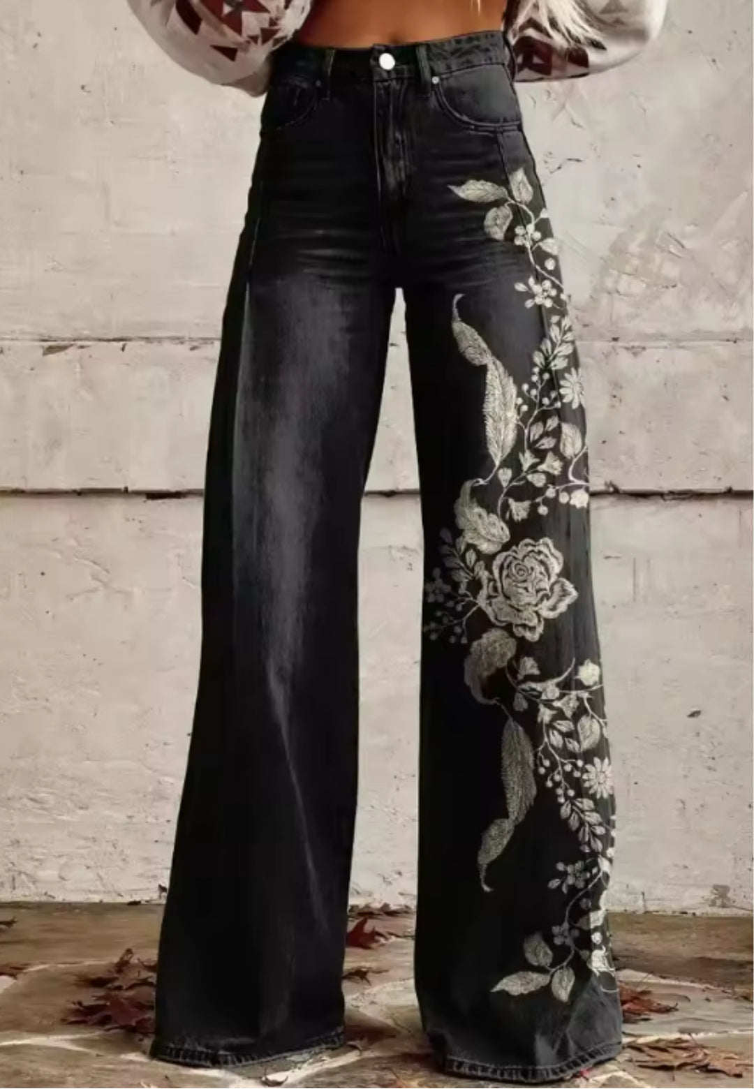 Elaine | Elegant Black Denim with Embroidered Floral Detail