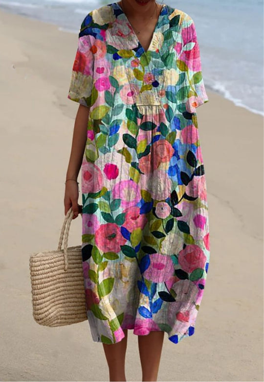 Vibrant Floral Garden Print Flowy Dress for Women