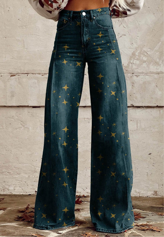Clara | Midnight Gold Star Wide-Leg Jeans
